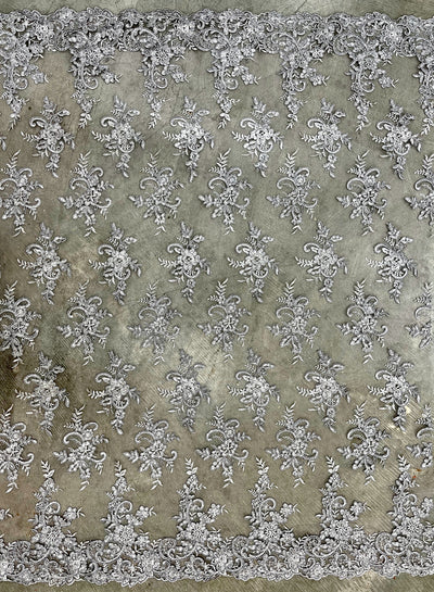 Tess GREY Polyester Floral Embroidery with Sequins on Mesh Lace Fabric by the Yard - 10216