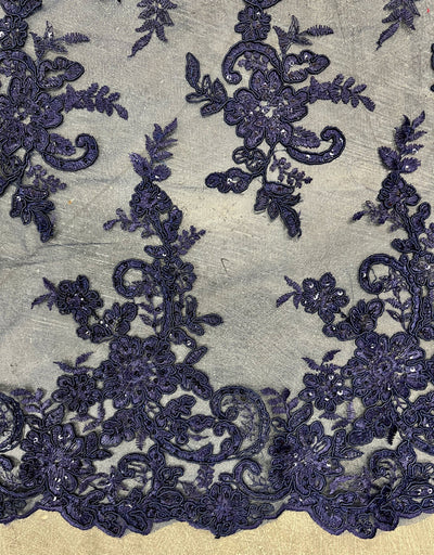 Tess NAVY BLUE Polyester Floral Embroidery with Sequins on Mesh Lace Fabric by the Yard - 10216