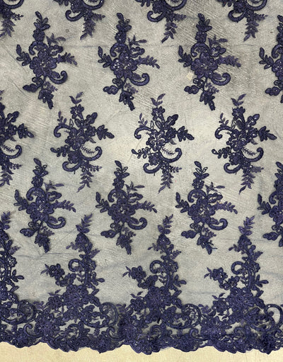 Tess NAVY BLUE Polyester Floral Embroidery with Sequins on Mesh Lace Fabric by the Yard - 10216