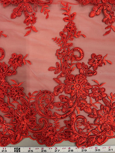 Tess RED Polyester Floral Embroidery with Sequins on Mesh Lace Fabric by the Yard - 10216
