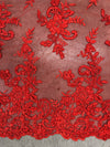 Tess RED Polyester Floral Embroidery with Sequins on Mesh Lace Fabric by the Yard - 10216