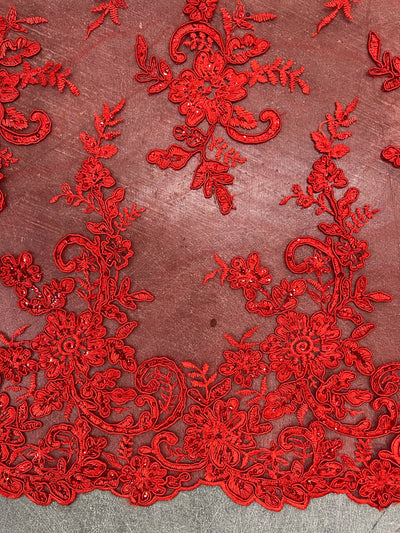 Tess RED Polyester Floral Embroidery with Sequins on Mesh Lace Fabric by the Yard - 10216