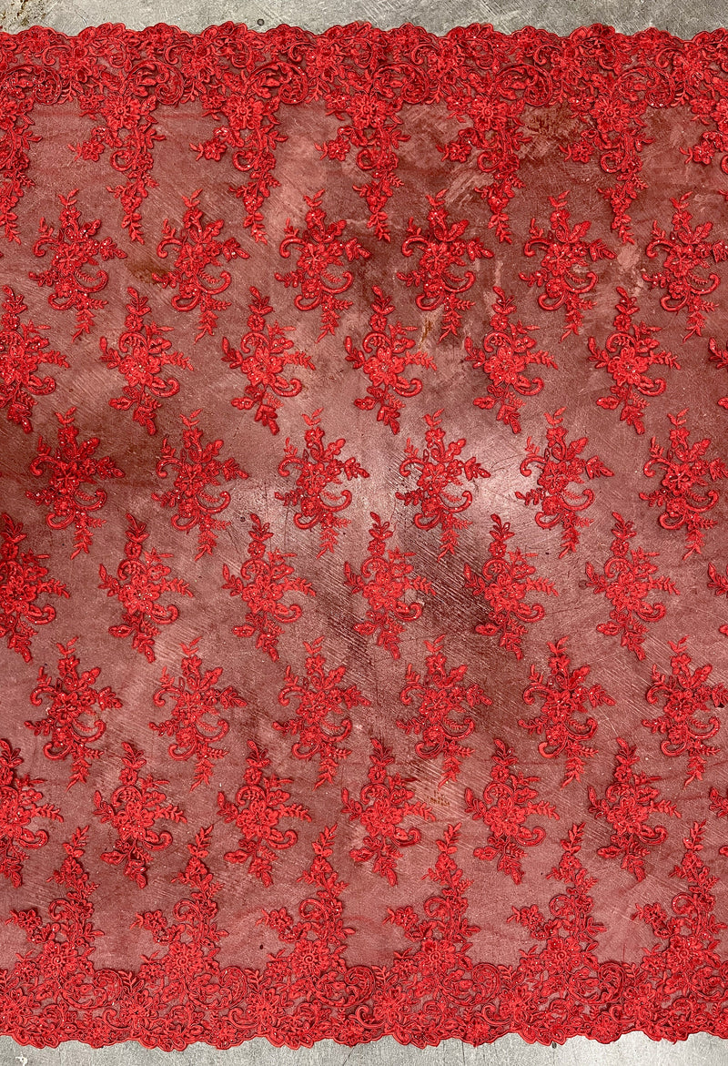 Tess RED Polyester Floral Embroidery with Sequins on Mesh Lace Fabric by the Yard - 10216