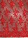 Tess RED Polyester Floral Embroidery with Sequins on Mesh Lace Fabric by the Yard - 10216