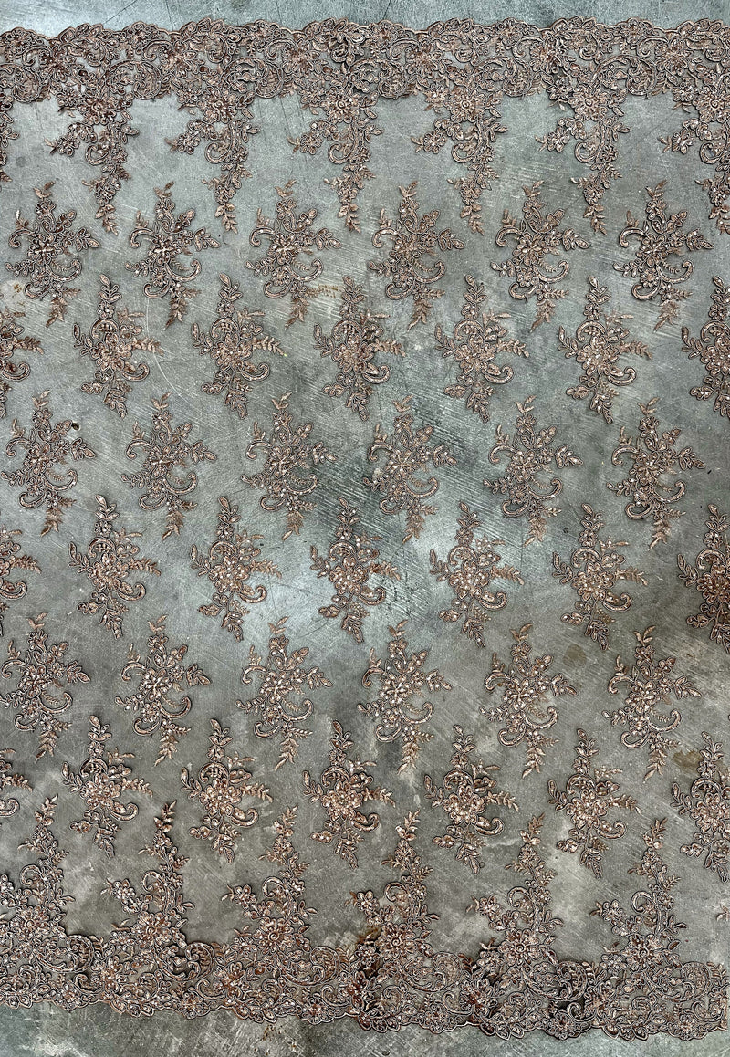 Tess TAUPE BROWN Polyester Floral Embroidery with Sequins on Mesh Lace Fabric by the Yard - 10216