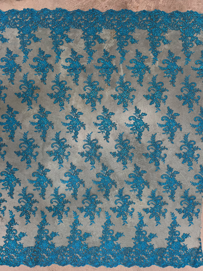 Tess TURQUOISE Polyester Floral Embroidery with Sequins on Mesh Lace Fabric by the Yard - 10216