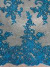 Tess TURQUOISE Polyester Floral Embroidery with Sequins on Mesh Lace Fabric by the Yard - 10216