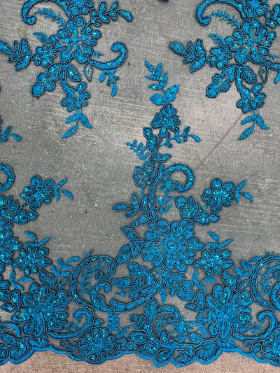 Tess TURQUOISE Polyester Floral Embroidery with Sequins on Mesh Lace Fabric by the Yard - 10216