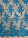 Tess TURQUOISE Polyester Floral Embroidery with Sequins on Mesh Lace Fabric by the Yard - 10216