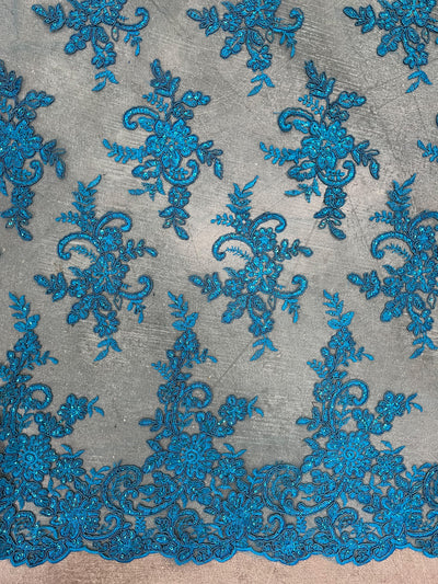 Tess TURQUOISE Polyester Floral Embroidery with Sequins on Mesh Lace Fabric by the Yard - 10216