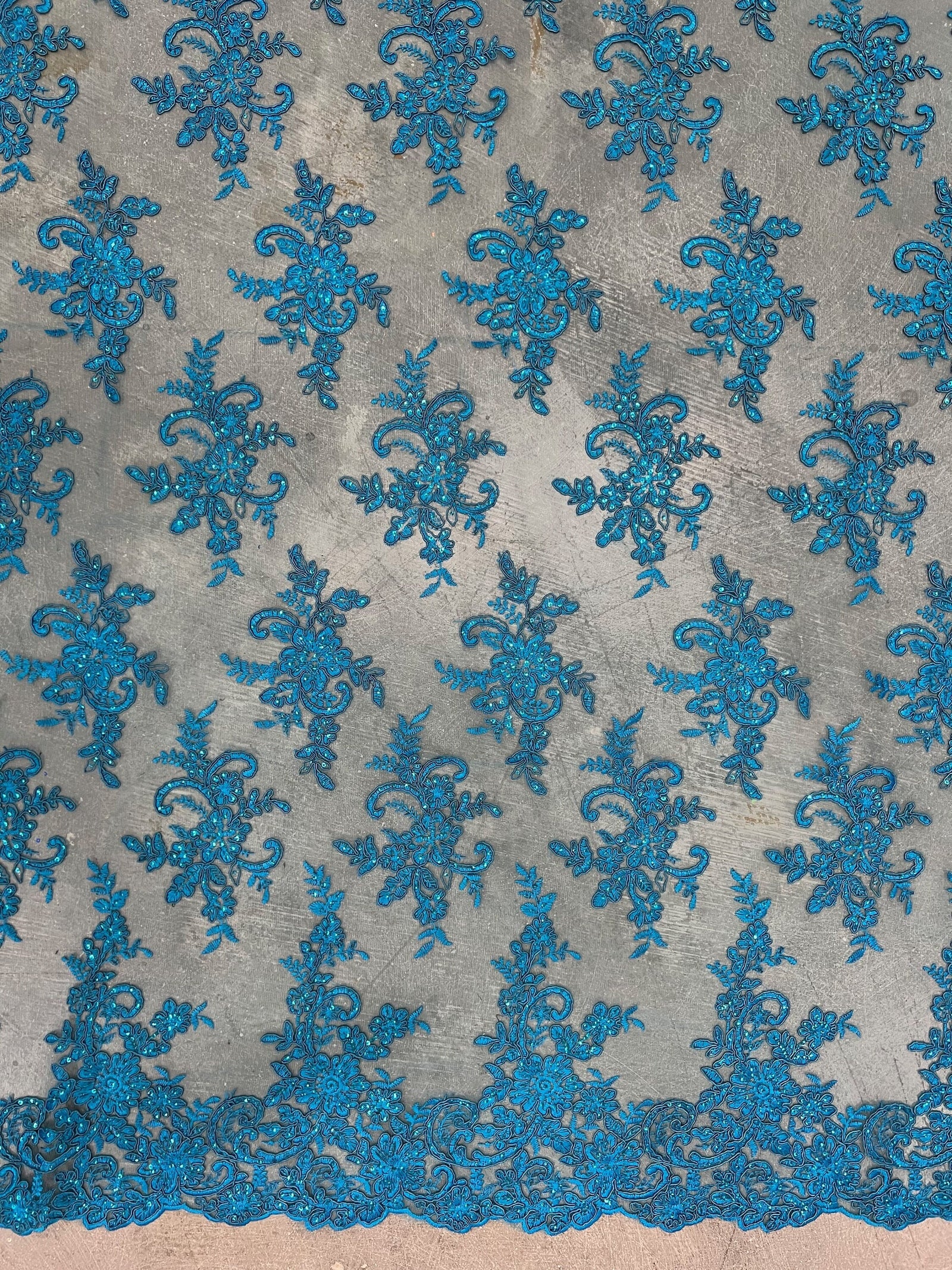 Tess TURQUOISE Polyester Floral Embroidery with Sequins on Mesh Lace Fabric by the Yard - 10216