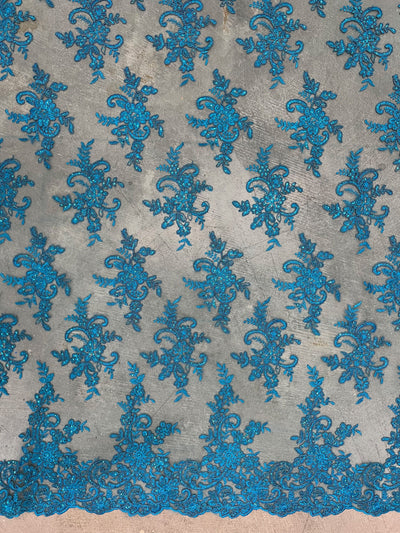 Tess TURQUOISE Polyester Floral Embroidery with Sequins on Mesh Lace Fabric by the Yard - 10216