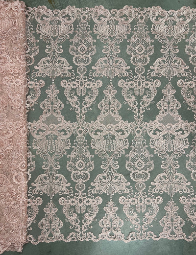 Vivian BLUSH PINK Polyester Embroidery with Sequins on Mesh Lace Fabric by the Yard for Gown, Wedding, Bridesmaid, Prom - 10003