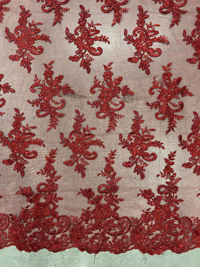 Tess BURGUNDY Polyester Floral Embroidery with Sequins on Mesh Lace Fabric by the Yard - 10216