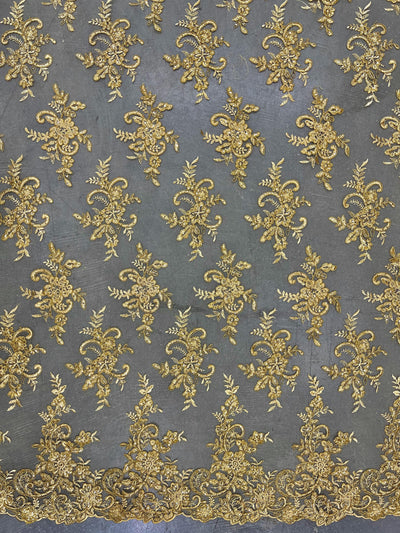 Tess GOLD Polyester Floral Embroidery with Sequins on Mesh Lace Fabric by the Yard - 10216
