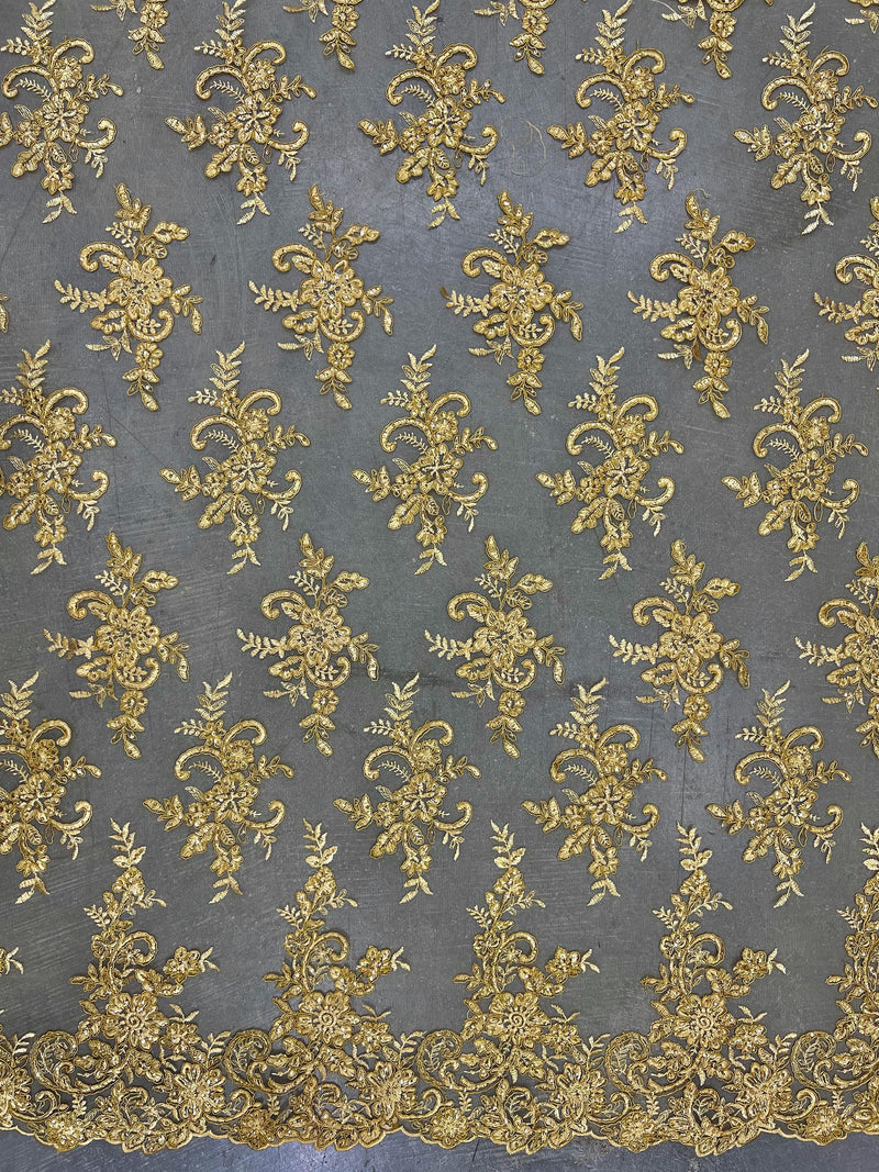 Tess GOLD Polyester Floral Embroidery with Sequins on Mesh Lace Fabric by the Yard - 10216