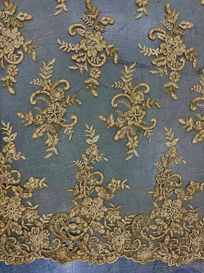 Tess GOLD Polyester Floral Embroidery with Sequins on Mesh Lace Fabric by the Yard - 10216