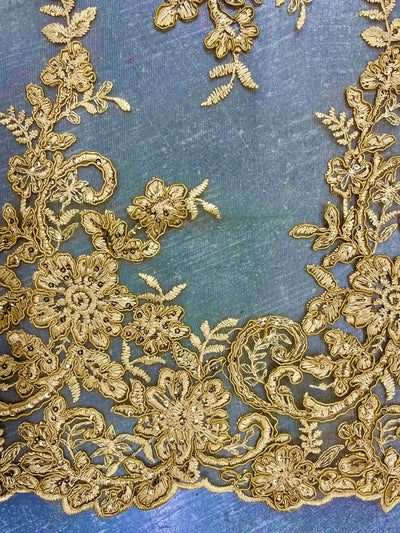 Tess GOLD Polyester Floral Embroidery with Sequins on Mesh Lace Fabric by the Yard - 10216