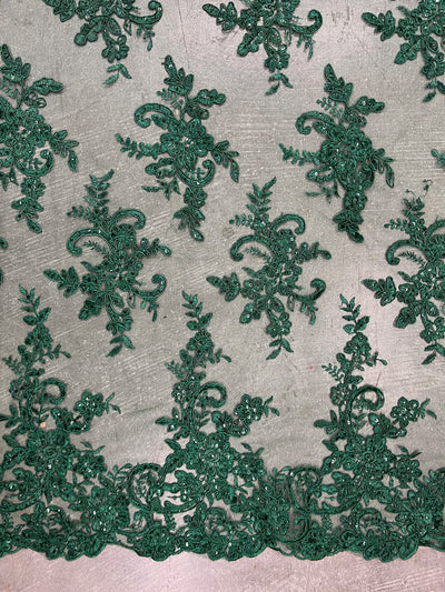 Tess HUNTER GREEN Polyester Floral Embroidery with Sequins on Mesh Lace Fabric by the Yard - 10216