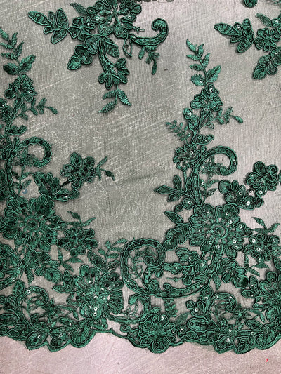 Tess HUNTER GREEN Polyester Floral Embroidery with Sequins on Mesh Lace Fabric by the Yard - 10216