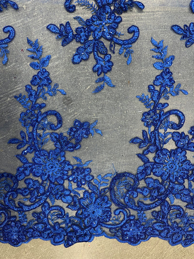 Tess ROYAL BLUE Polyester Floral Embroidery with Sequins on Mesh Lace Fabric by the Yard - 10216