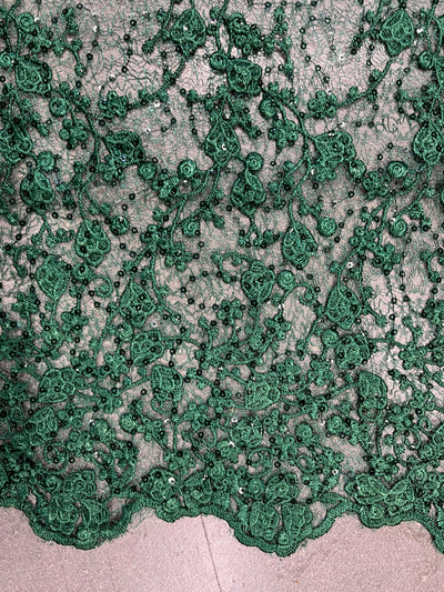 Braelyn HUNTER GREEN Polyester Floral Embroidery with Sequins on Web Mesh Lace Fabric for Gown, Wedding, Bridesmaid, Prom - 10166