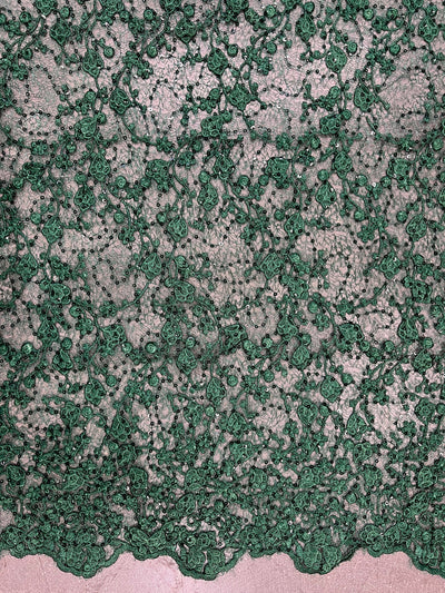 Braelyn HUNTER GREEN Polyester Floral Embroidery with Sequins on Web Mesh Lace Fabric for Gown, Wedding, Bridesmaid, Prom - 10166
