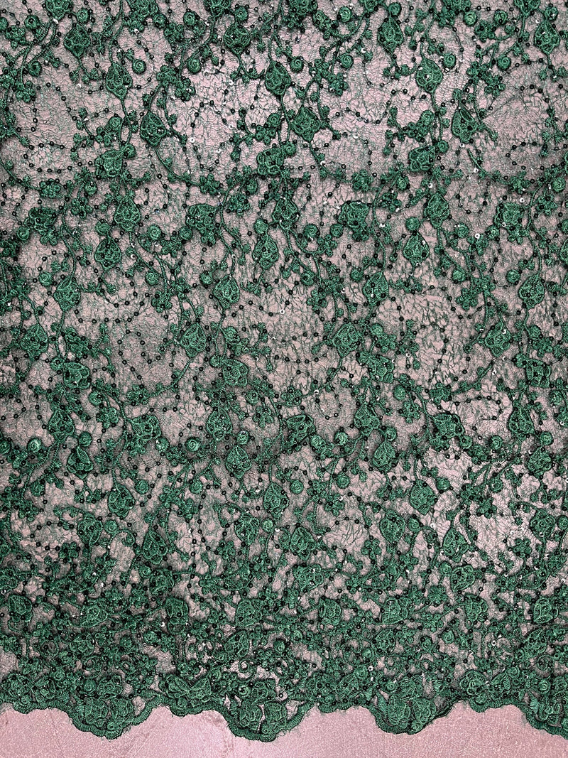 Braelyn HUNTER GREEN Polyester Floral Embroidery with Sequins on Web Mesh Lace Fabric for Gown, Wedding, Bridesmaid, Prom - 10166