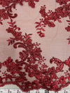 Cristina BURGUNDY Polyester Floral Embroidery with Sequins on Mesh Lace Fabric by the Yard for Gown, Wedding, Bridesmaid, Prom - 10076