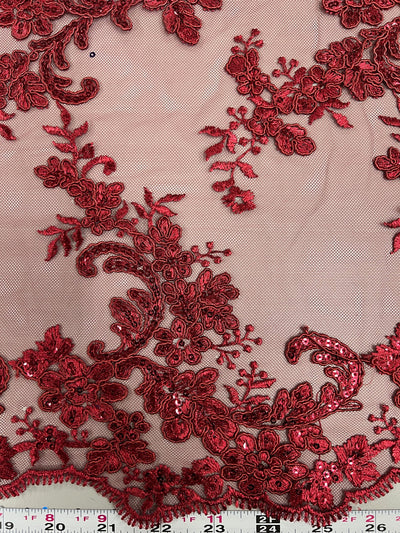 Cristina BURGUNDY Polyester Floral Embroidery with Sequins on Mesh Lace Fabric by the Yard for Gown, Wedding, Bridesmaid, Prom - 10076