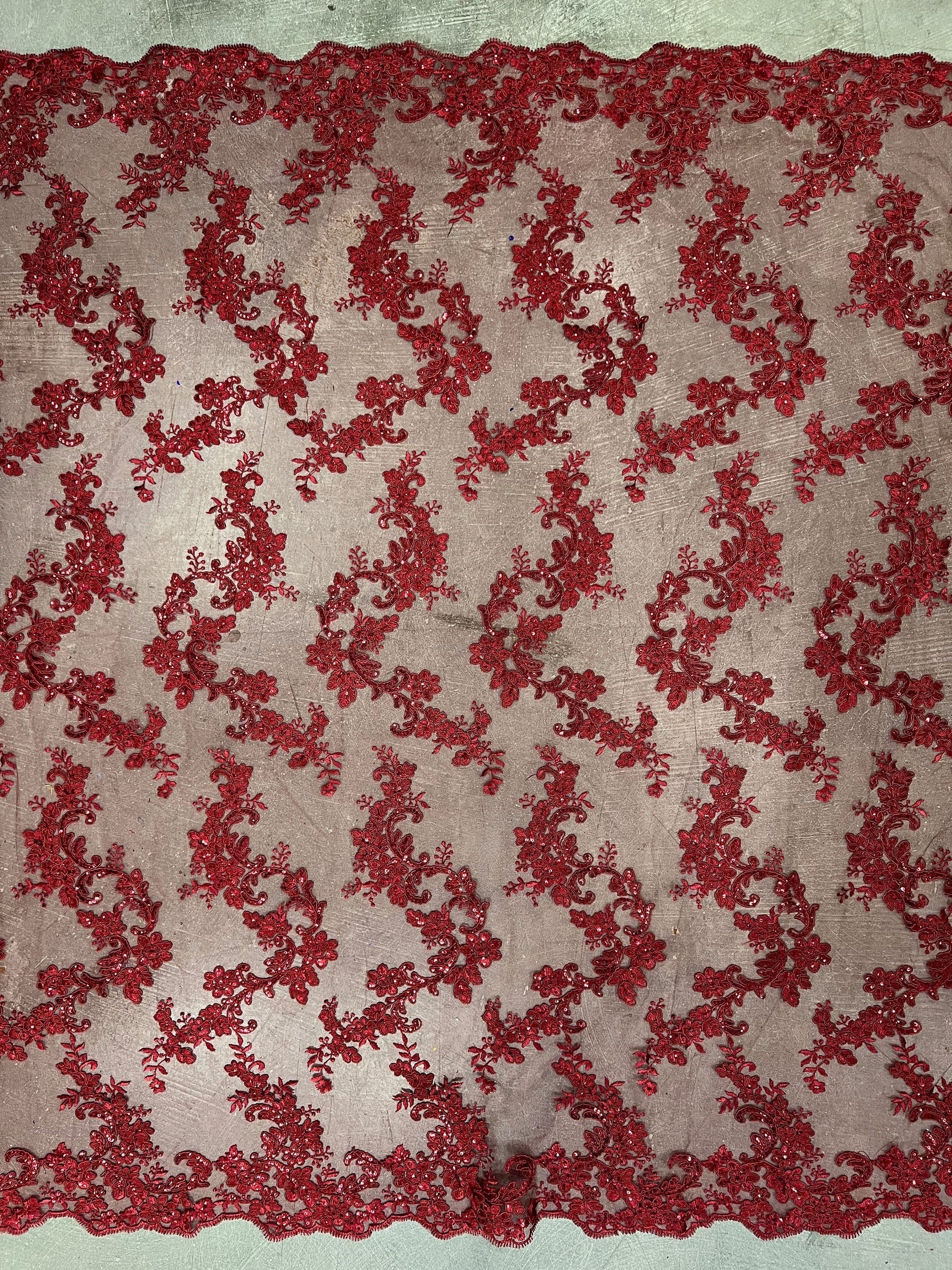 Cristina BURGUNDY Polyester Floral Embroidery with Sequins on Mesh Lace Fabric by the Yard for Gown, Wedding, Bridesmaid, Prom - 10076