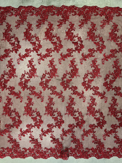 Cristina BURGUNDY Polyester Floral Embroidery with Sequins on Mesh Lace Fabric by the Yard for Gown, Wedding, Bridesmaid, Prom - 10076