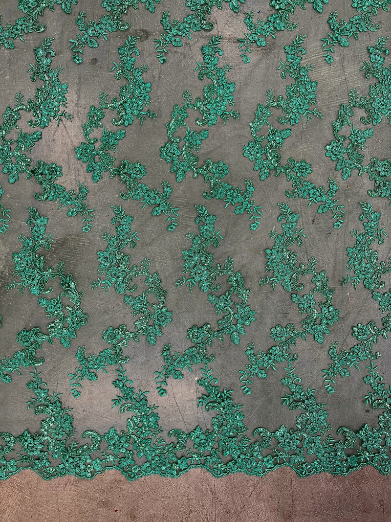 Cristina KELLY GREEN Polyester Floral Embroidery with Sequins on Mesh Lace Fabric by the Yard for Gown, Wedding, Bridesmaid, Prom - 10076