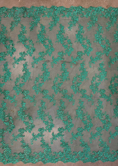 Cristina KELLY GREEN Polyester Floral Embroidery with Sequins on Mesh Lace Fabric by the Yard for Gown, Wedding, Bridesmaid, Prom - 10076