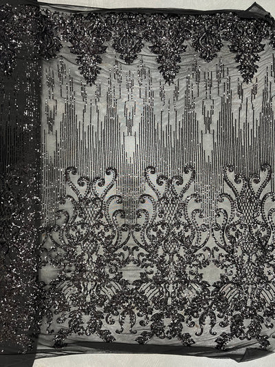 Angelica BLACK Curlicues and Leaves Sequins on Mesh Lace Fabric by the Yard - 10132