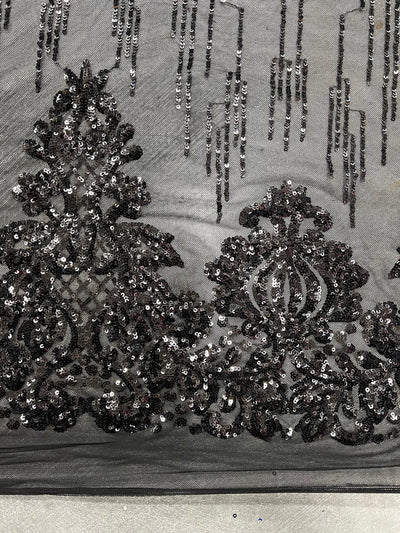 Angelica BLACK Curlicues and Leaves Sequins on Mesh Lace Fabric by the Yard - 10132