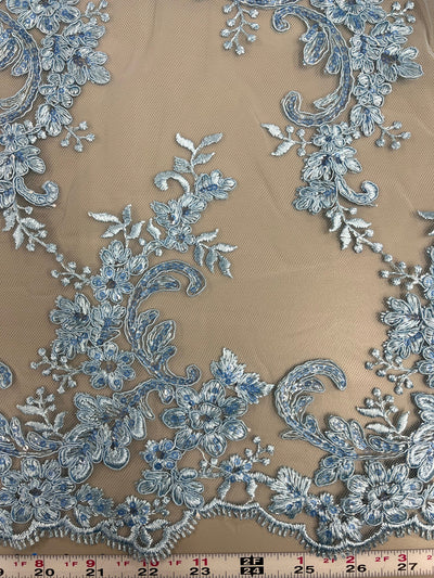 Cristina LIGHT BLUE Polyester Floral Embroidery with Sequins on Mesh Lace Fabric by the Yard for Gown, Wedding, Bridesmaid, Prom - 10076