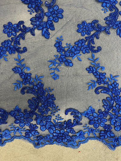 Cristina ROYAL BLUE Polyester Floral Embroidery with Sequins on Mesh Lace Fabric by the Yard for Gown, Wedding, Bridesmaid, Prom - 10076