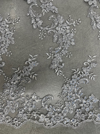 Cristina SILVER GREY Polyester Floral Embroidery with Sequins on Mesh Lace Fabric by the Yard for Gown, Wedding, Bridesmaid, Prom - 10076