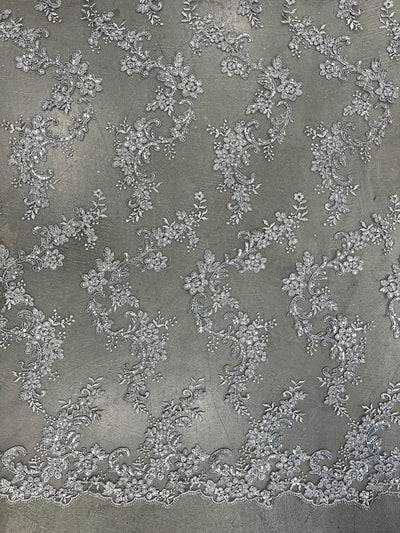 Cristina SILVER GREY Polyester Floral Embroidery with Sequins on Mesh Lace Fabric by the Yard for Gown, Wedding, Bridesmaid, Prom - 10076