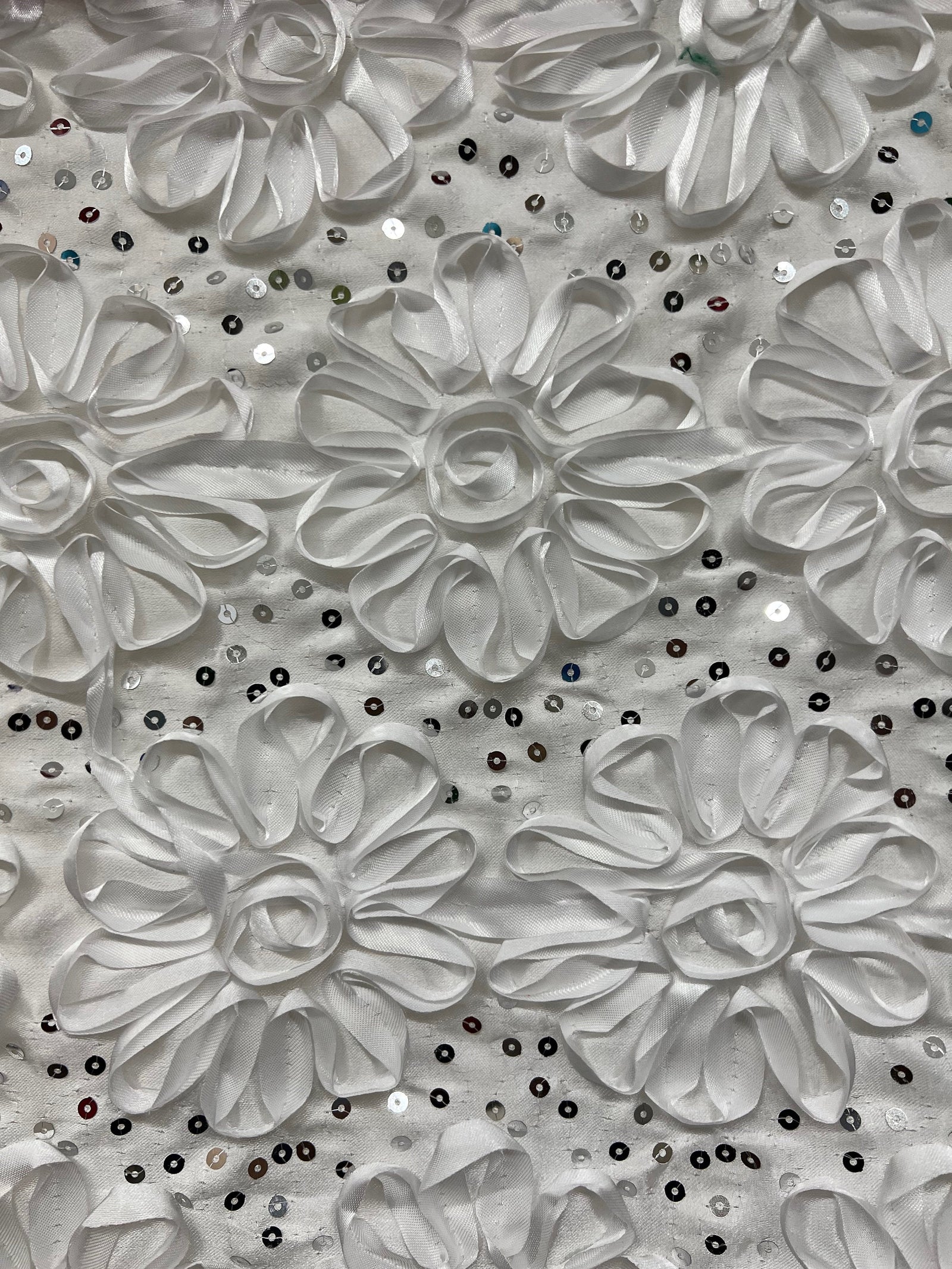 Allie WHITE 3D Floral Polyester Satin Rosette with Sequins Fabric by the Yard - 10051