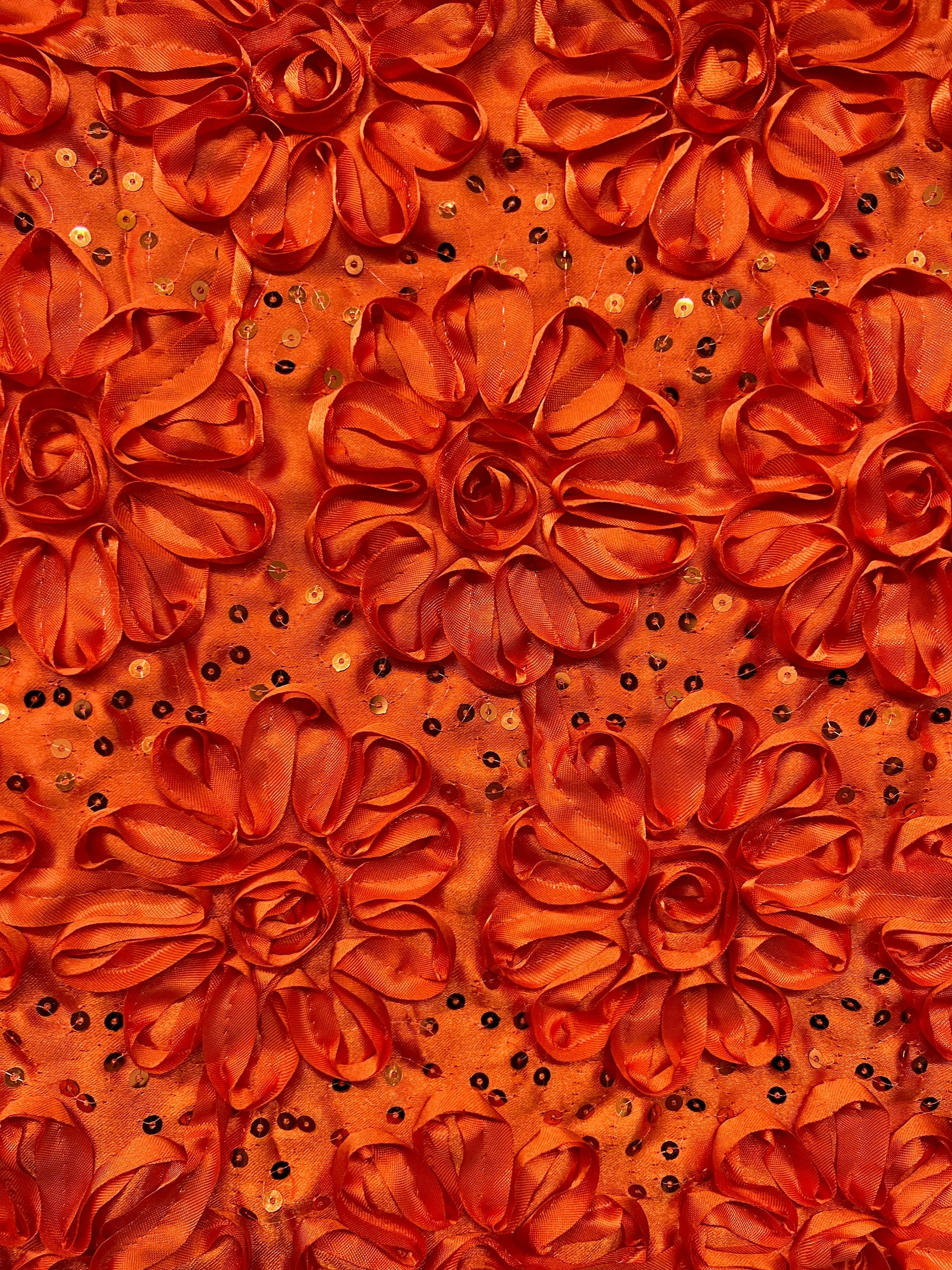 Allie ORANGE 3D Floral Polyester Satin Rosette with Sequins Fabric by the Yard - 10051