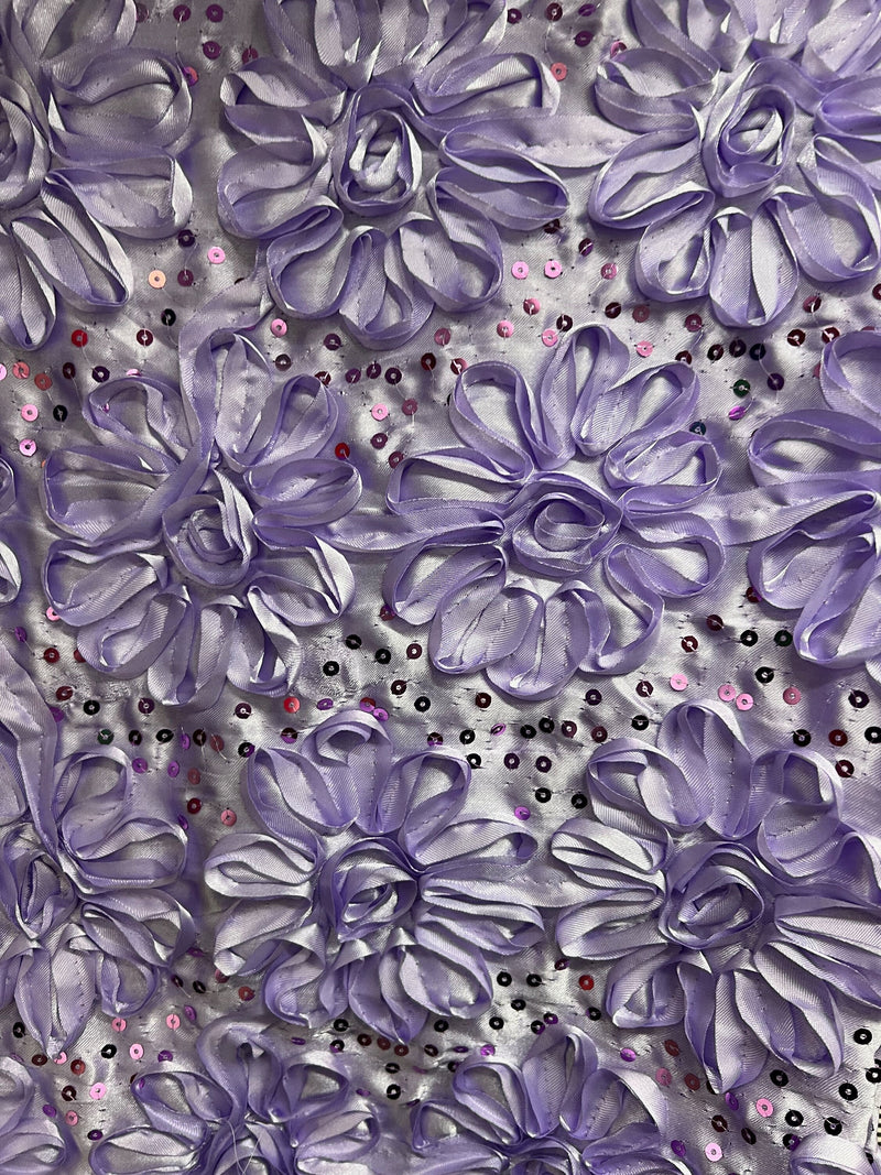 Allie LAVENDER 3D Floral Polyester Satin Rosette with Sequins Fabric by the Yard - 10051