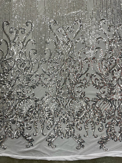 Angelica SILVER Curlicues and Leaves Sequins on Mesh Lace Fabric by the Yard - 10132