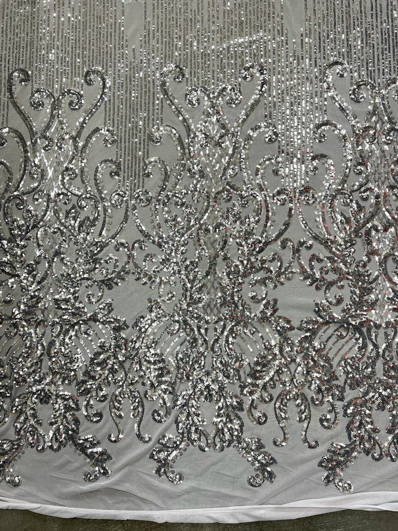 Angelica SILVER Curlicues and Leaves Sequins on Mesh Lace Fabric by the Yard - 10132