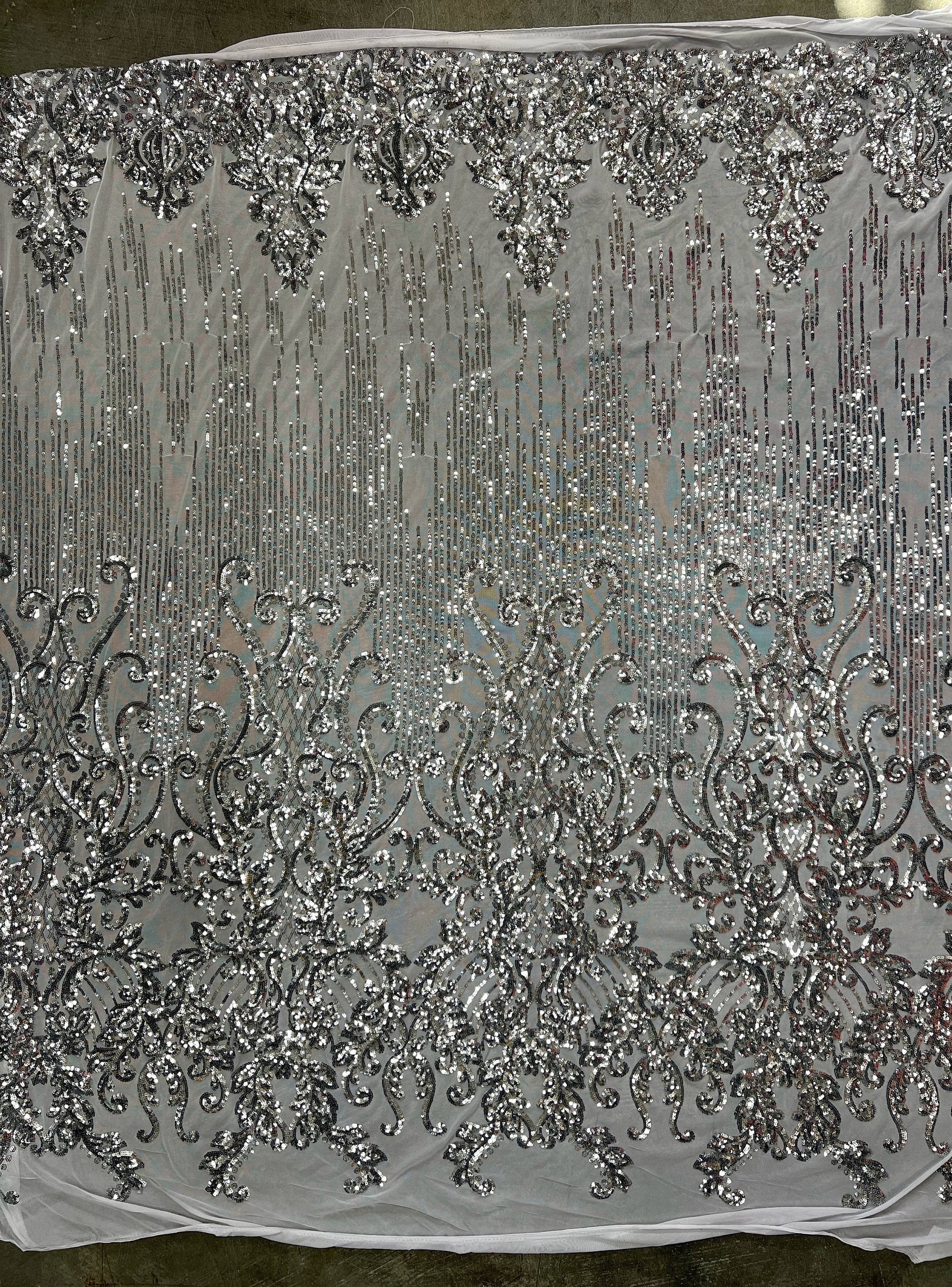 Angelica SILVER Curlicues and Leaves Sequins on Mesh Lace Fabric by the Yard - 10132