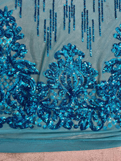 Angelica DARK TURQUOISE Curlicues and Leaves Sequins on Mesh Lace Fabric by the Yard - 10132