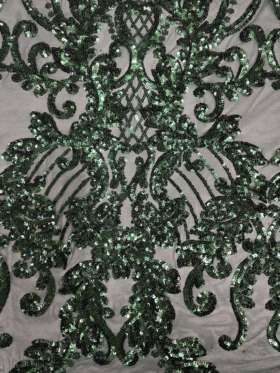 Angelica HUNTER GREEN Curlicues and Leaves Sequins on Mesh Lace Fabric by the Yard - 10132