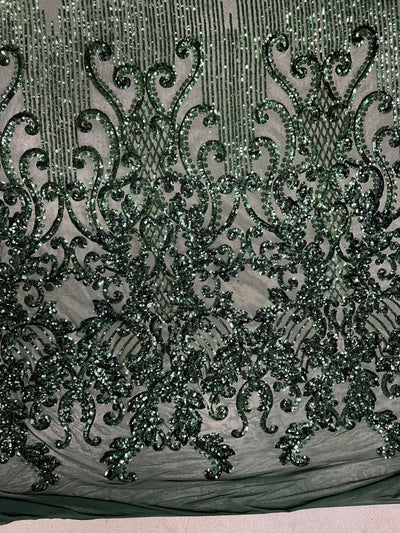 Angelica HUNTER GREEN Curlicues and Leaves Sequins on Mesh Lace Fabric by the Yard - 10132