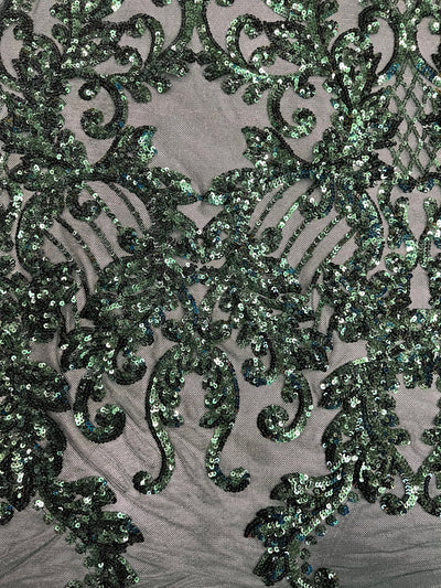 Angelica HUNTER GREEN Curlicues and Leaves Sequins on Mesh Lace Fabric by the Yard - 10132